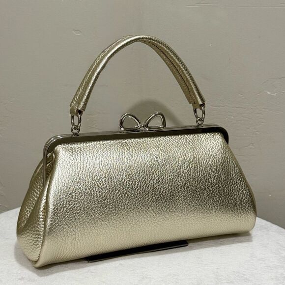 Gold Togo Cowhide Calfskin Handmade “Bow” Shaped Kisslock Baguette Bag/Crossbody - Picture 3 of 16